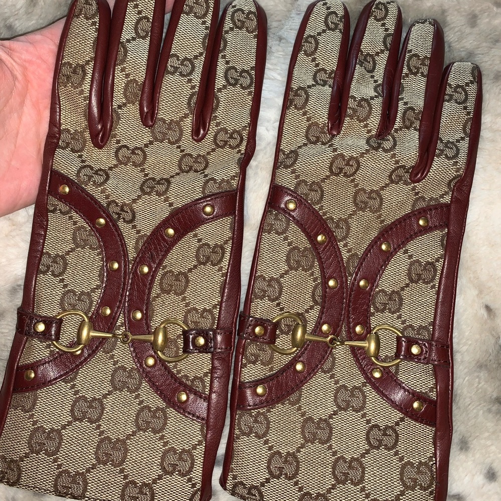 Gucci GG Monogram Bordeaux Leather and Canvas Horsebit Gloves Size 7.5
